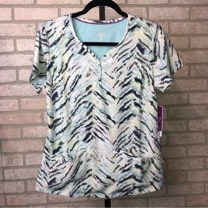 Healing Hands two button Jewel Neck blue and green patterned Scrub top